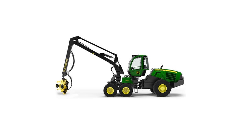 1070G Wheeled Harvester with white background.