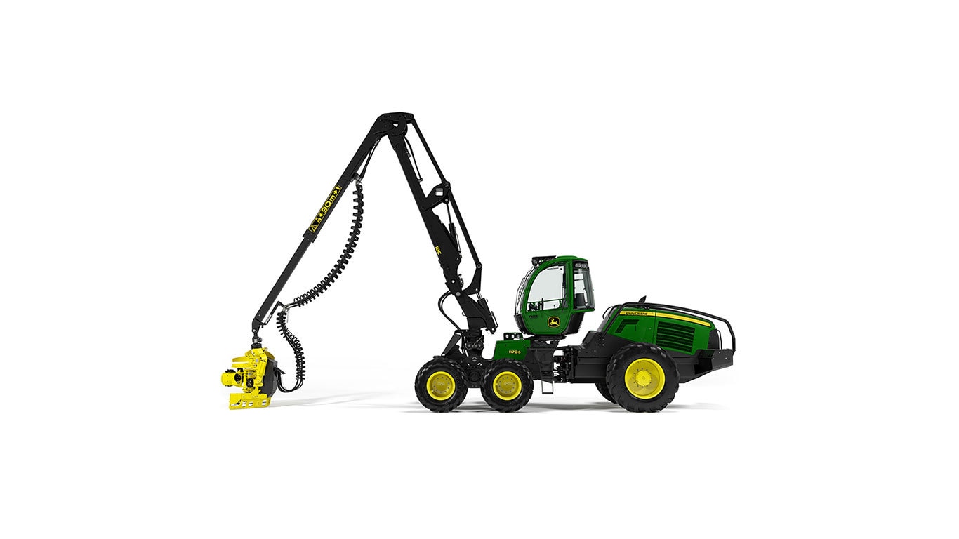 1170G Wheeled Harvester with white background.