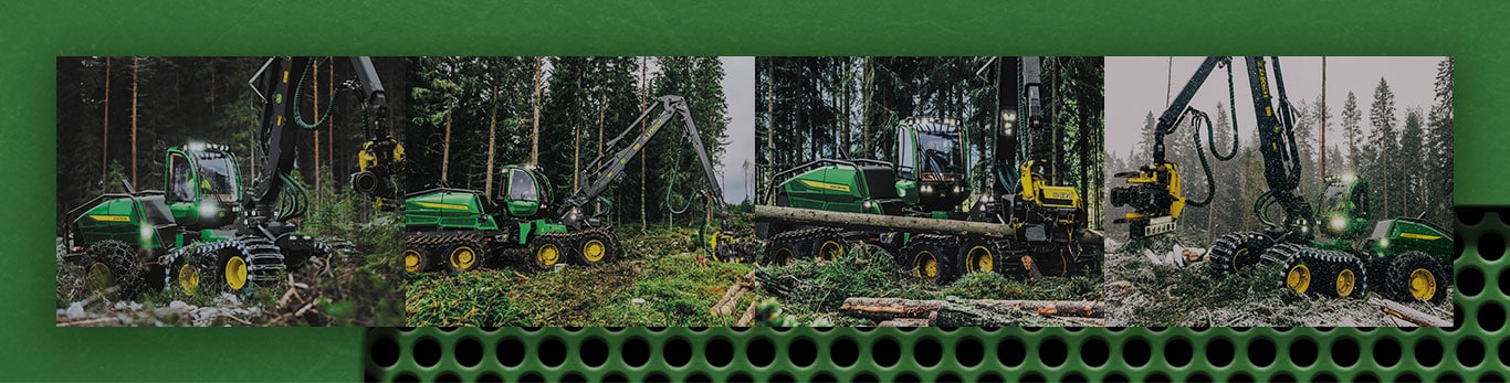 John&nbsp;Deere Wheeled harvester collage image of machines working in the woods.