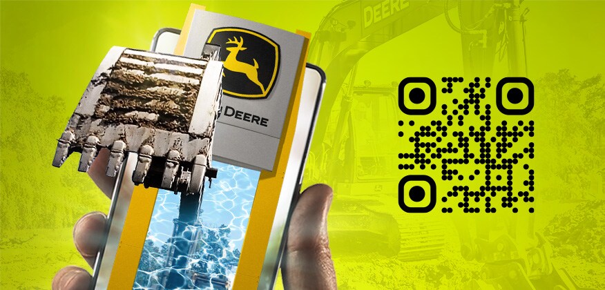 Hand holding a mobile device with an excavator bucket and John Deere dealer sign bursting off the screen to represent augmented reality.