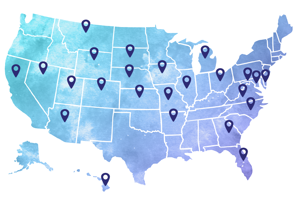 A blue map of all 50 states with 24 location pins shows where Construction Angels currently operate.