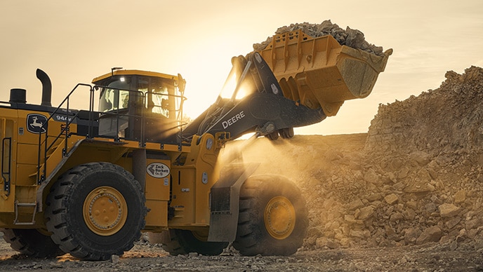 A John Deere 944K Wheel Loader removes large volumes of limestone rock at the Leach Pit quarry in Haskell, Texas.