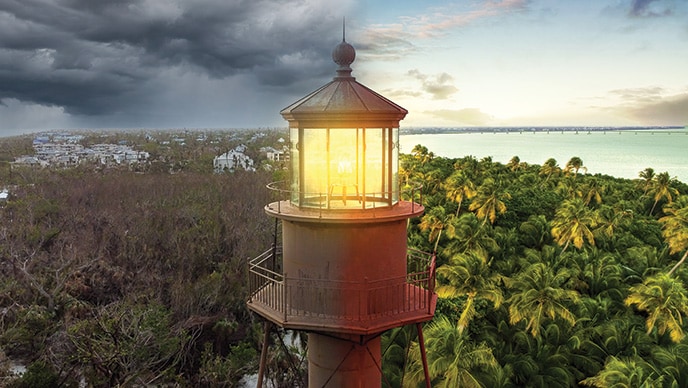 To the left of the Sanibel Island Lighthouse in the middle, the aftermath on the island is pictured. On the right, the island is seen before the hurricane hit.