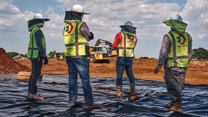 Four employees with their backs to the camera watch a John Deere 380G LC Excavator, a 460E Articulated Dump Truck, and an 872 GP SmartGrade Motor Grader work at moving dirt.