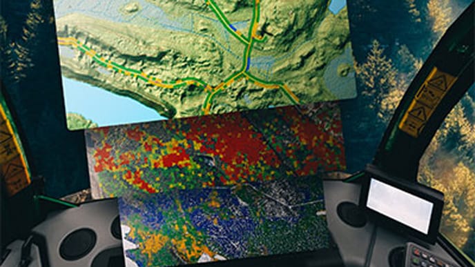A cab console screen showing map layers with a forest in the background.