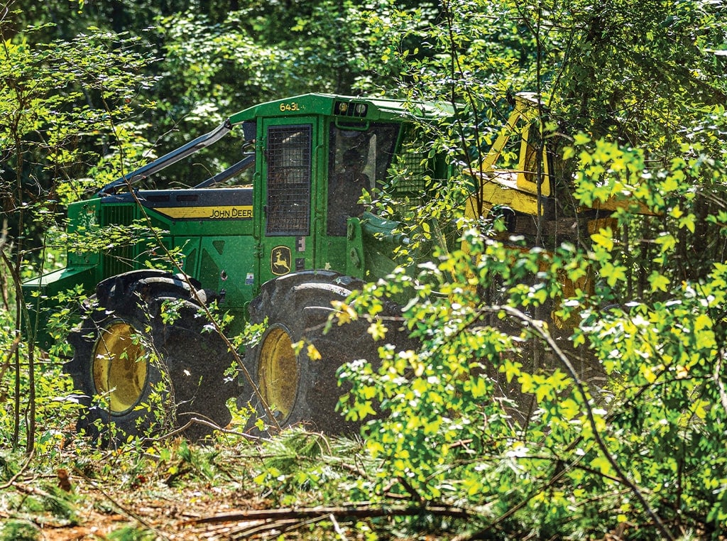 A 643L-II Wheeled Feller Buncher felling head’s grapple grabs and cuts a bunch of trees.