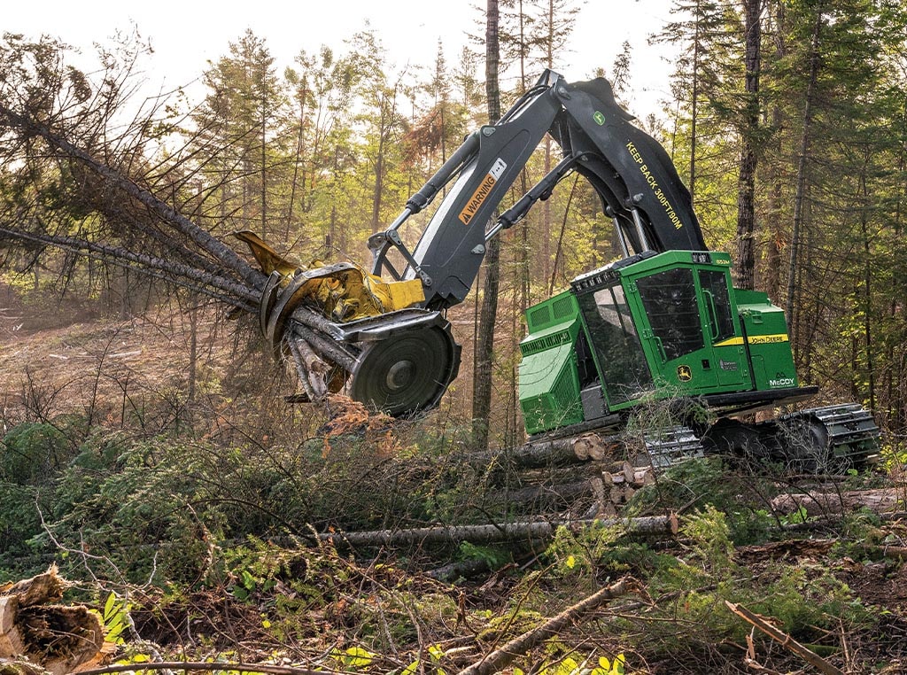 An 853M Tracked Feller Buncher moves just cut trees in the grapple of an FR22B Felling Head.