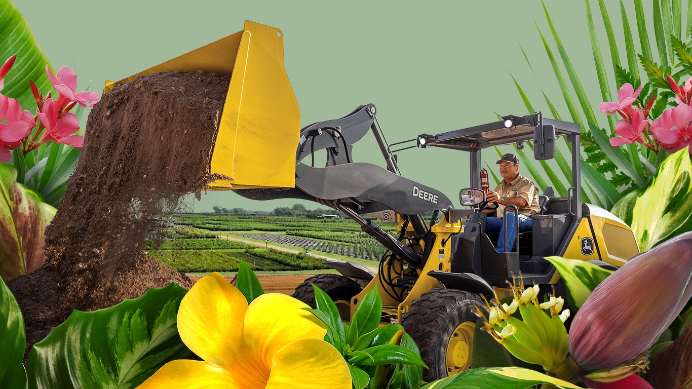 Brian Lambert stockpiles dirt at the nursery with a John Deere 184 G-Tier Compact Wheel Loader.