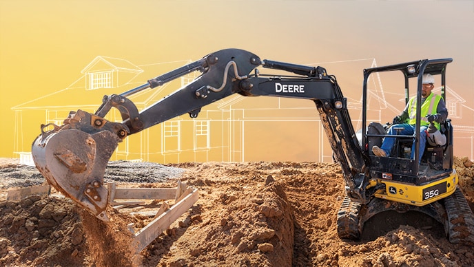 A John Deere 35G Compact Excavator is creating the trench to lay pipes for a new home at a housing development. 