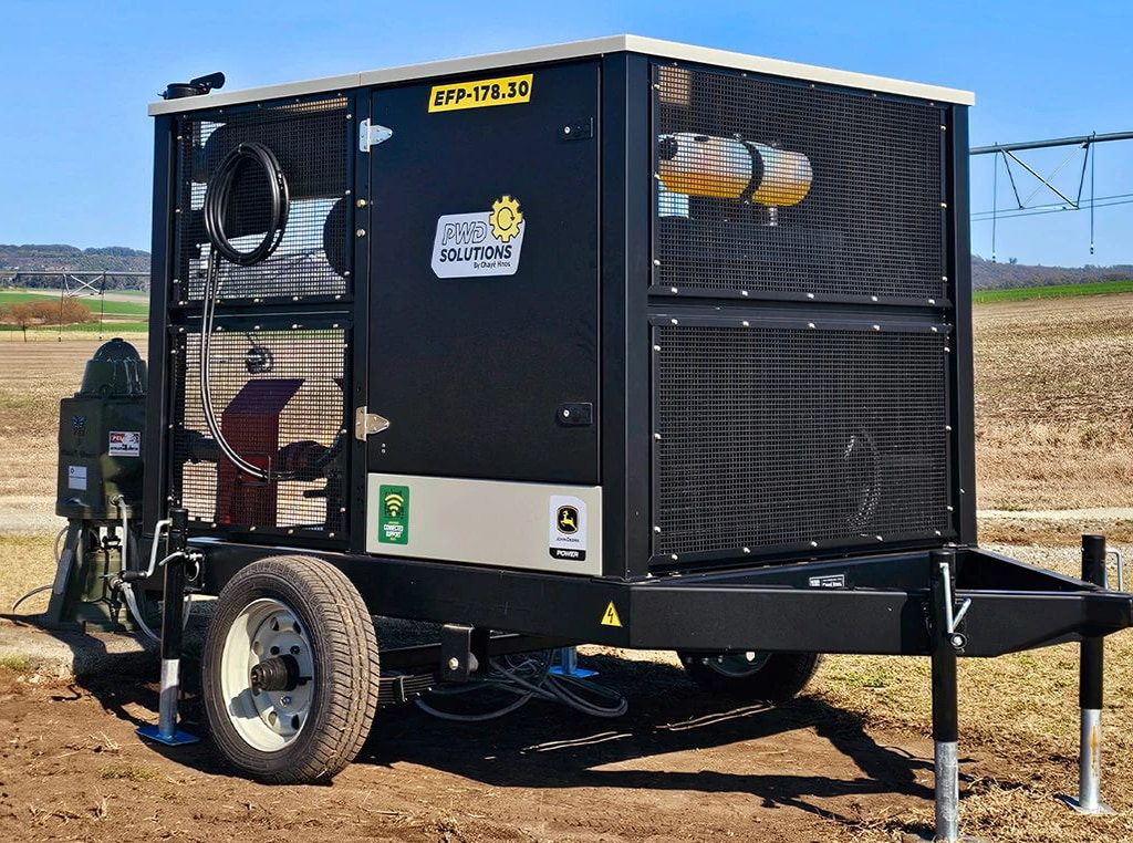 Chayé Hnos. John Deere-powered generator set used for sustainable farming outside on a potato farm.
