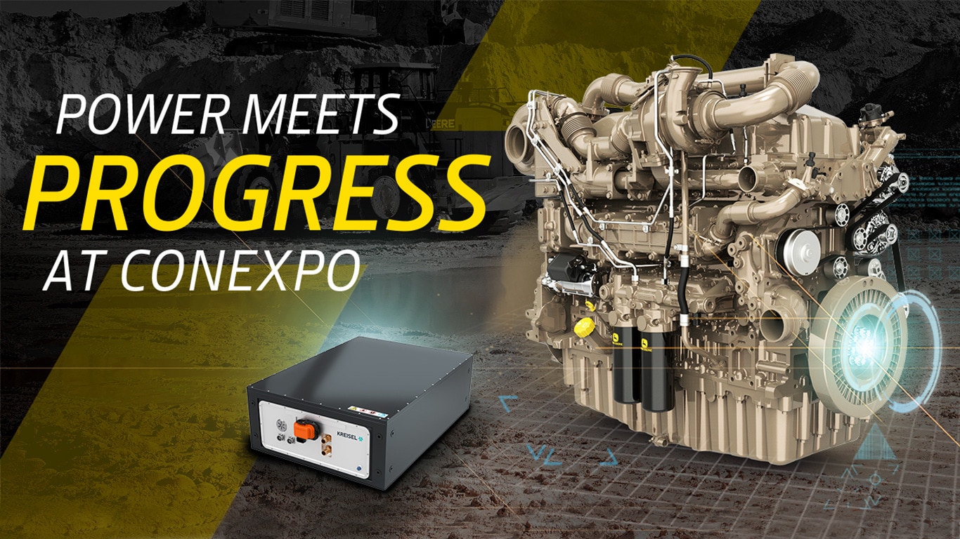 A John&nbsp;Deere industrial engine and Kreisel battery with ‘Power Meets Progress at CONEXPO’ text overlay