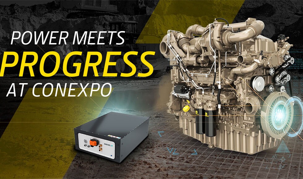 A John Deere industrial engine and Kreisel battery with ‘Power Meets Progress at CONEXPO’ text overlay
