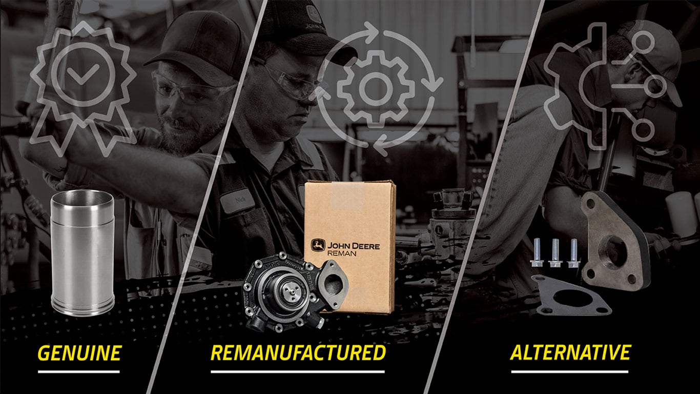 Comparison of genuine, remanufactured, and alternative John Deere parts with visuals.