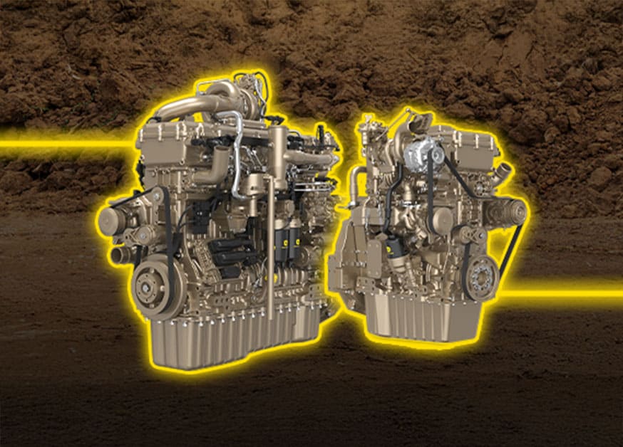 John&nbsp;Deere JD5 and JD8 next generation industrial engines overlaid on rocky terrain.