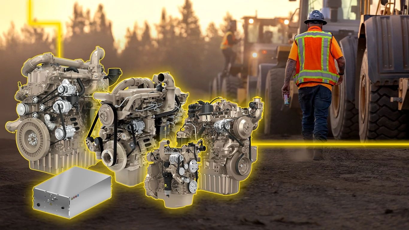 Lineup of John&nbsp;Deere diesel engines and a KREISEL Electric battery pack overlaid on a construction site. 