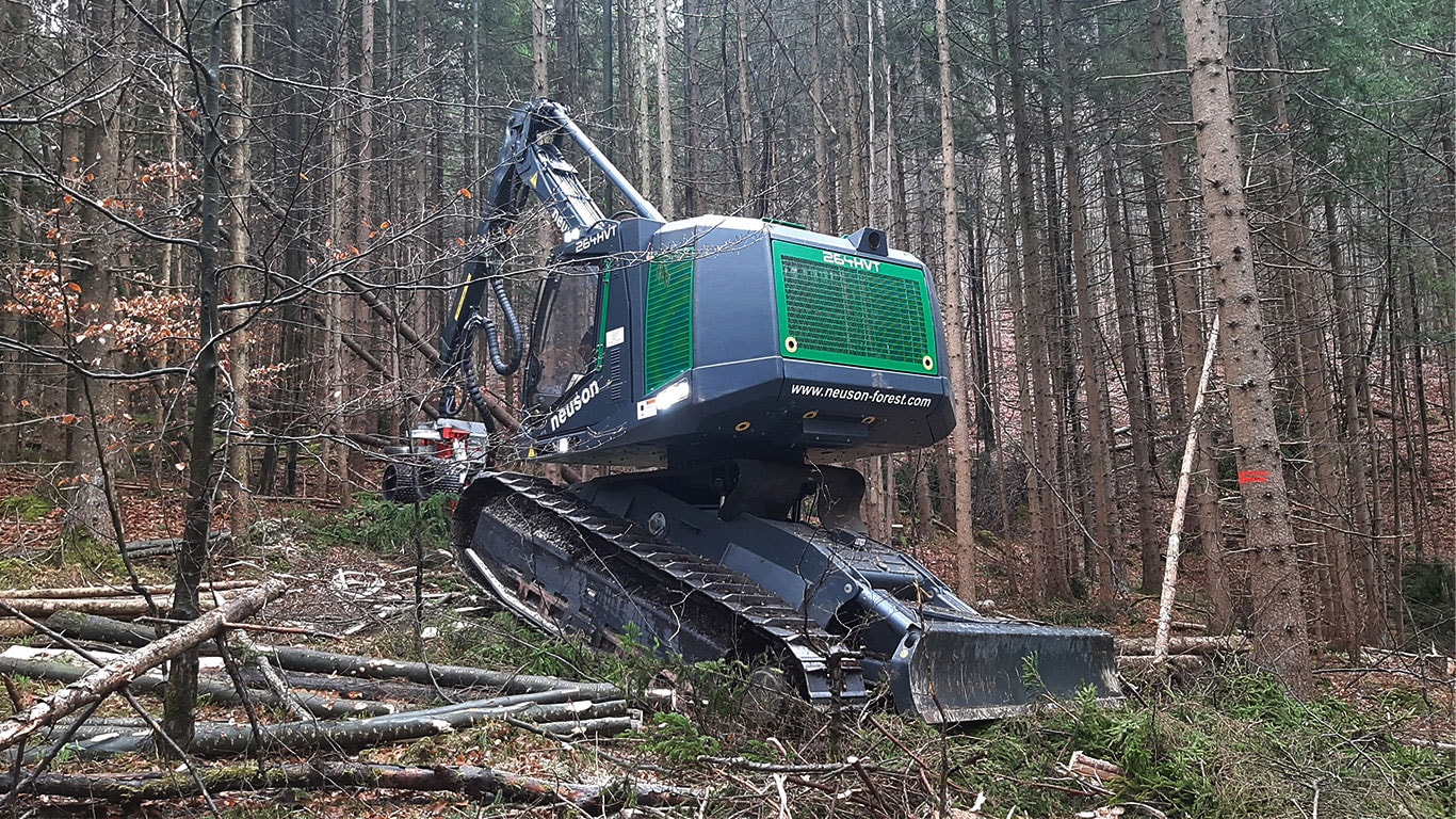 A Neuson Forest harvester working on a timber harvesting job.