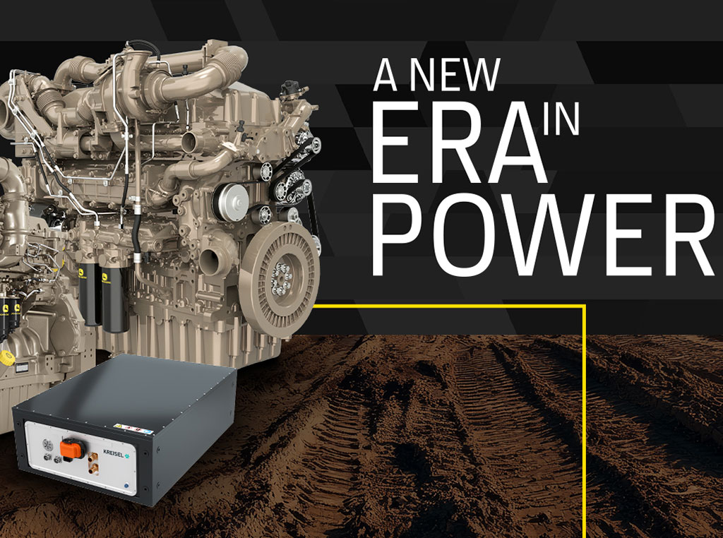 Two diesel engines and a Kreisel Electric battery with the words a new era in power.