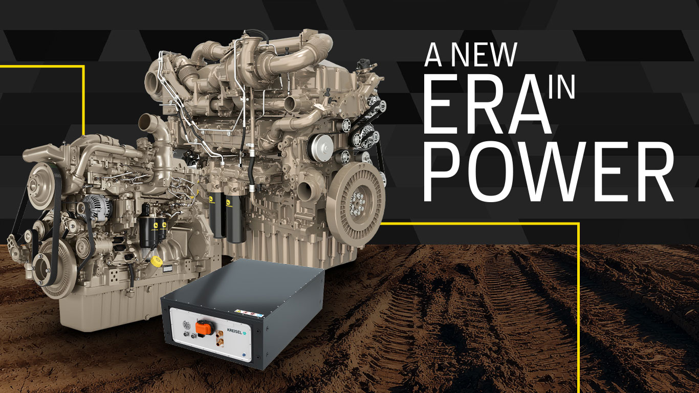 Two diesel engines and a Kreisel Electric battery with the words a new era in power.