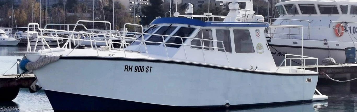 The 14-meter (46-foot) Capax patrol vessel docked in the waters of Croatia.