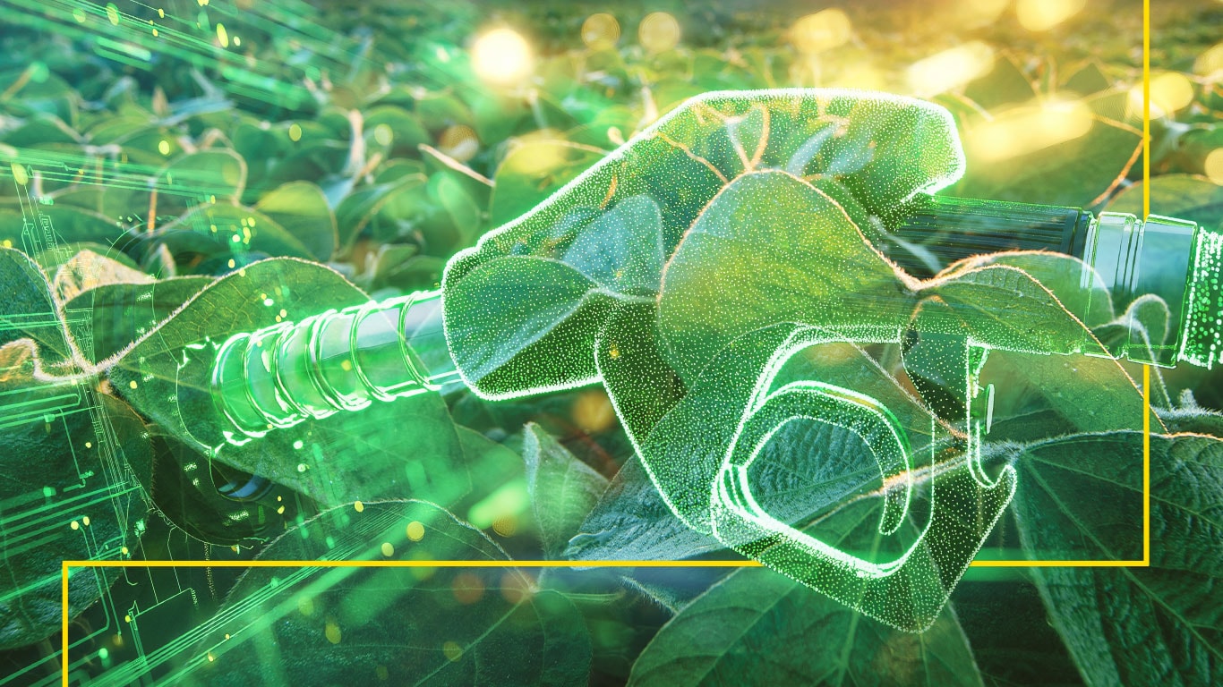 Graphic depicts a gas pump with green leafy overlay to represent sustainable power solutions.