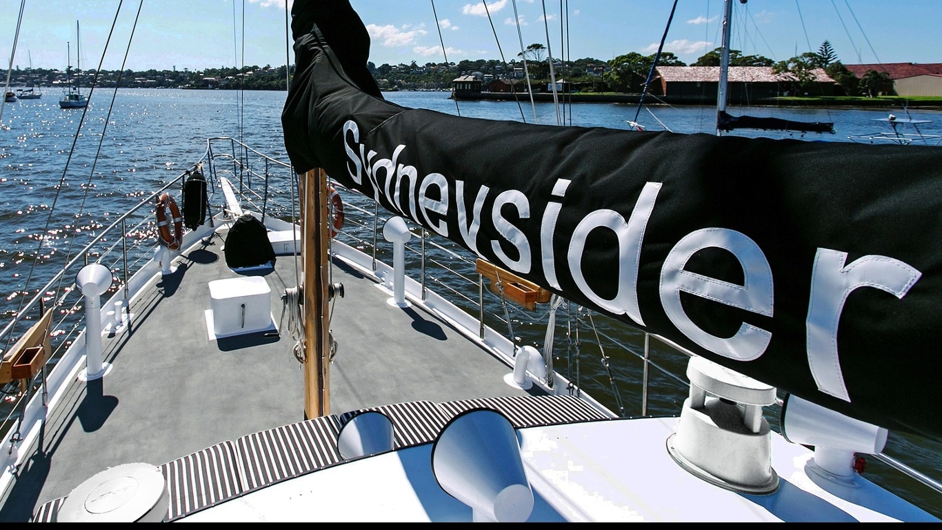 The bow of Sydneysider Charter Boat overlooking the Sydney Harbor