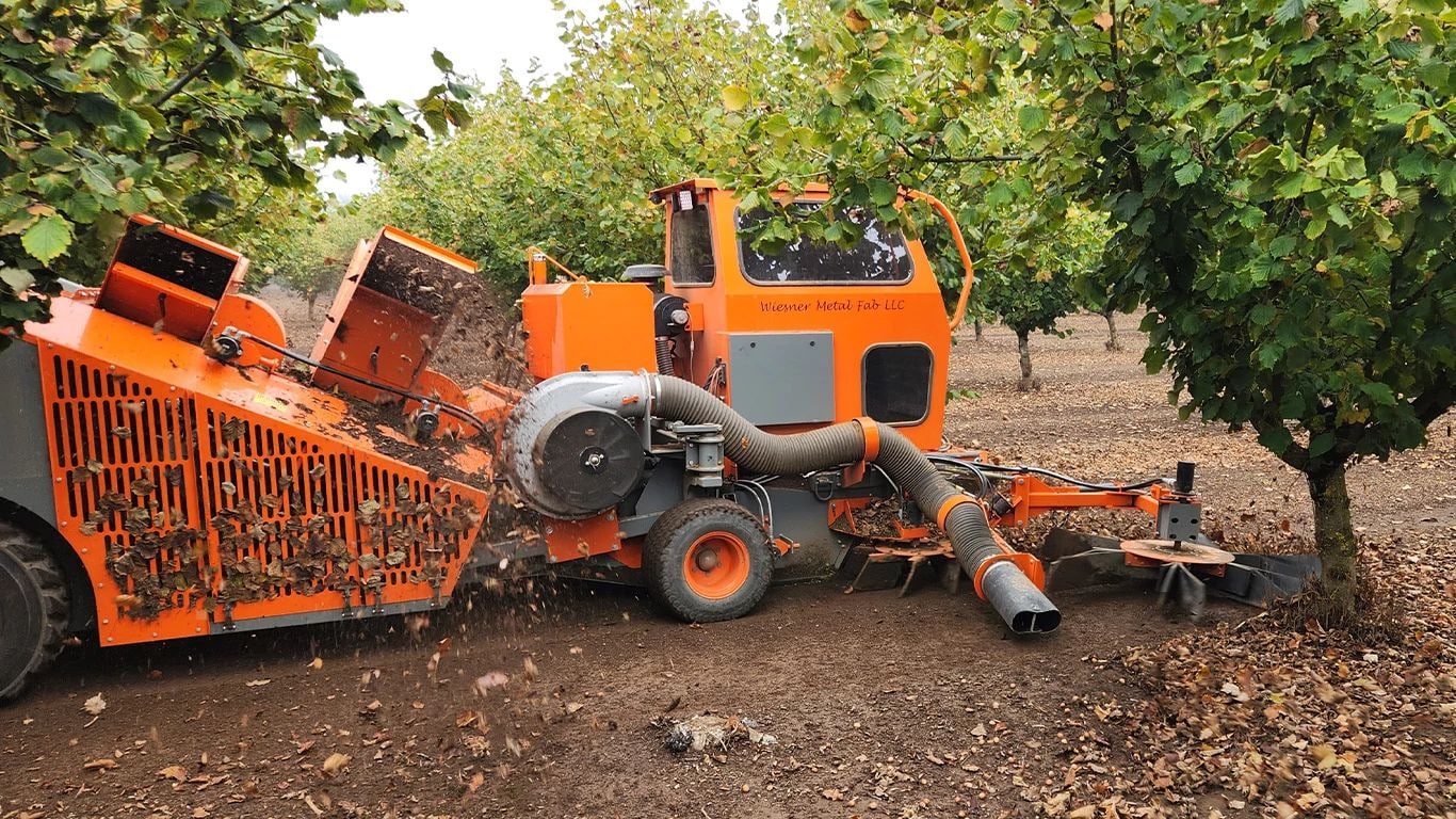 Side view of a working Wiesner Metal Fab self-propelled hazelnut harvester.