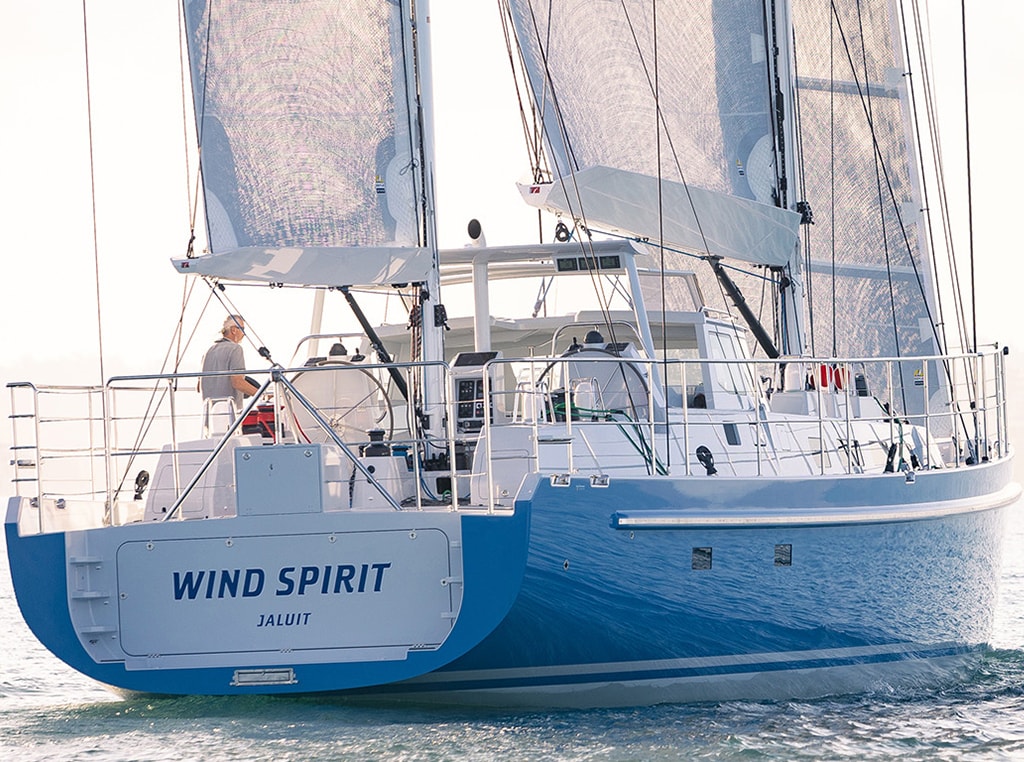 The Wind Spirit expedition yacht sailing on the water powered by a John&amp;nbsp;Deere marine engine.