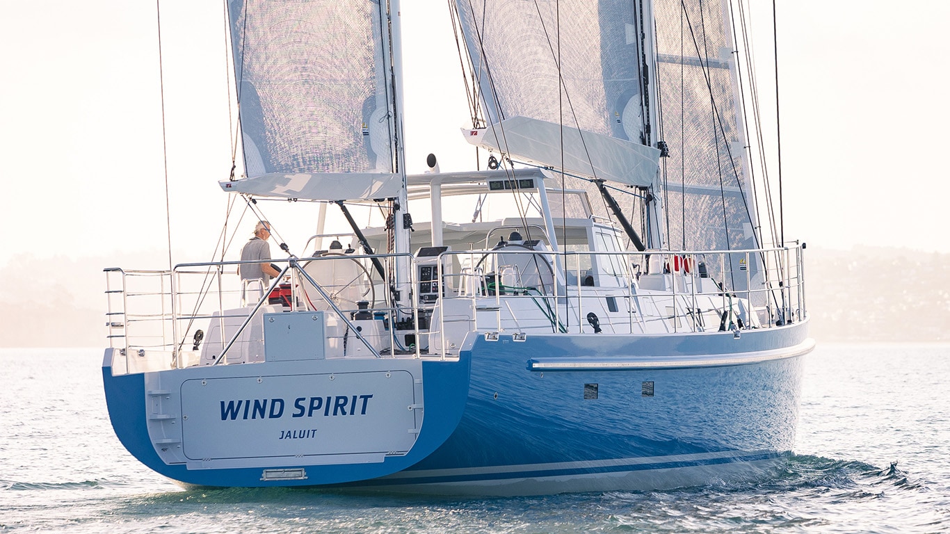 The Wind Spirit expedition yacht sailing on the water powered by a John&nbsp;Deere marine engine