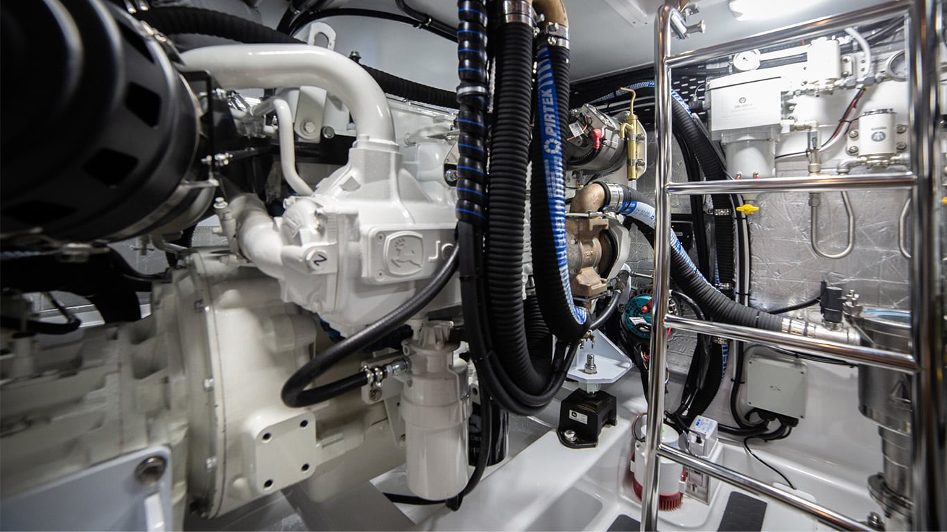 A John&nbsp;Deere 6.8 liter marine engine inside of the Wind Spirit explorer yacht