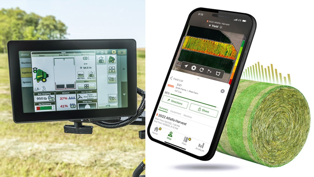 Image of G5e Monitor and Cell phone with Bale Doc App with Round Bale in the background 