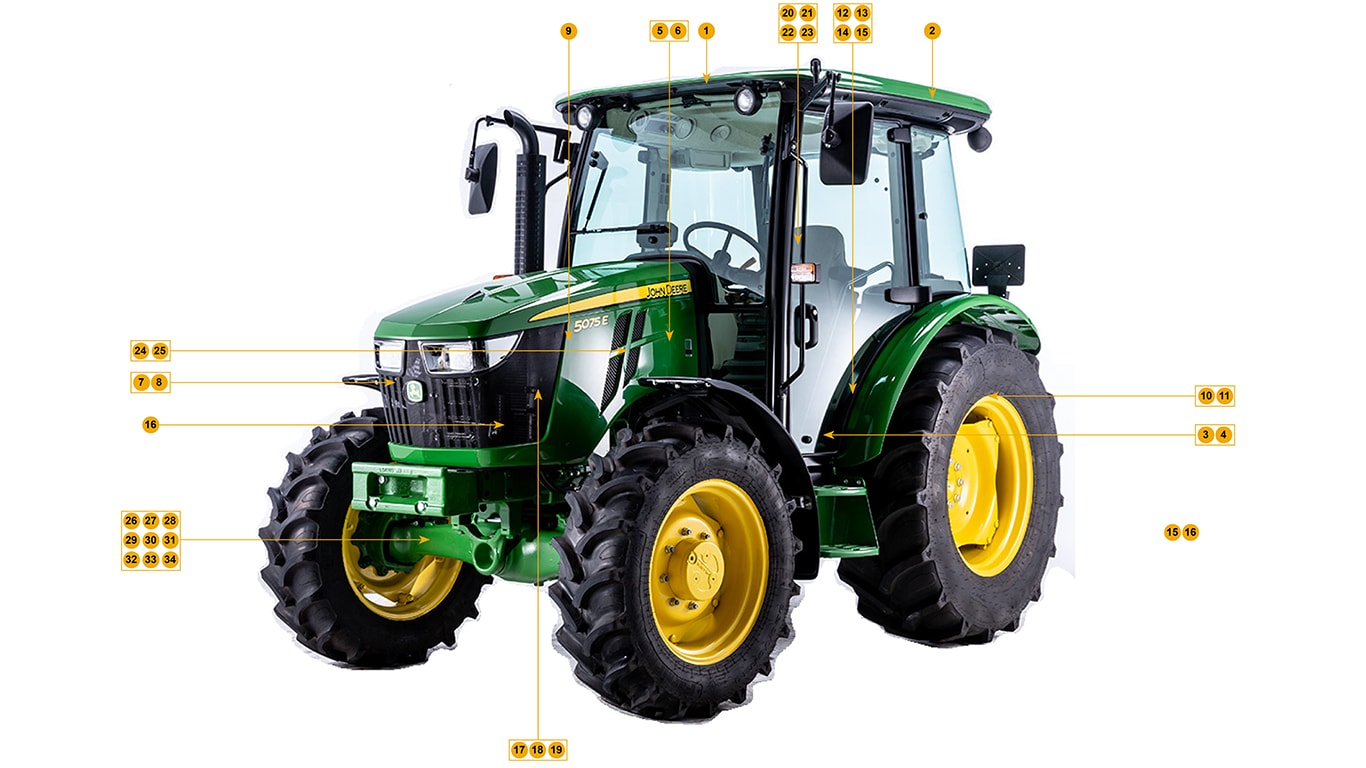 Studio shot of 5075E Tractor showing replacement parts numbered 1 thru 34 and annotated in table below