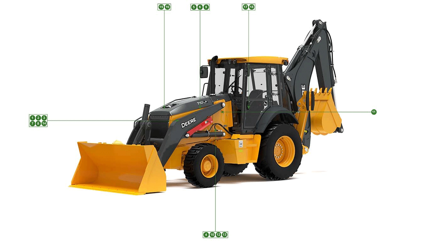 Studio shot of 710 P Backhoe Loader with reference numbers 1 through 18