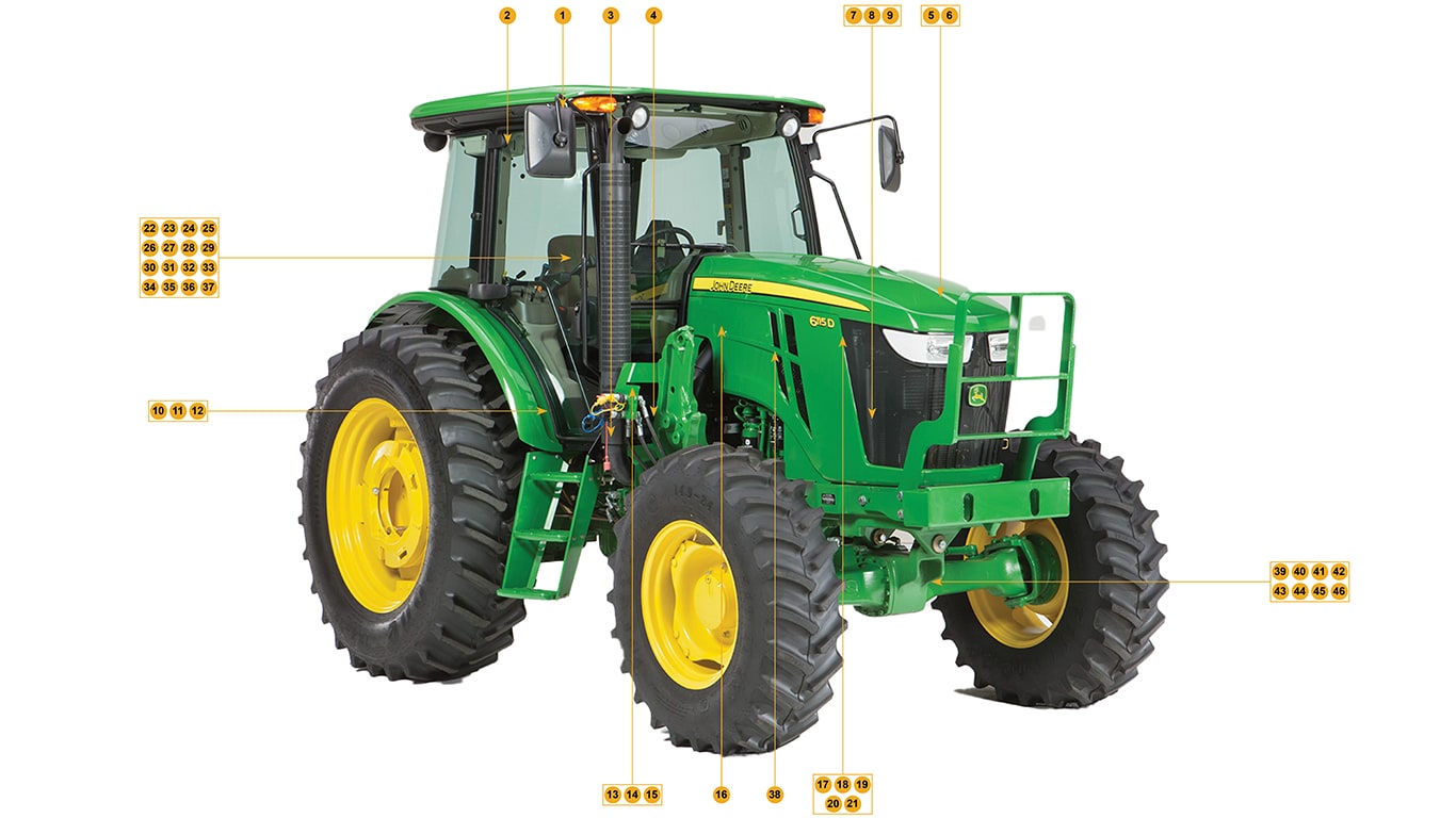 Studio shot of 6D Tractor showing replacement parts numbered 1 thru 13 and annotated in table below