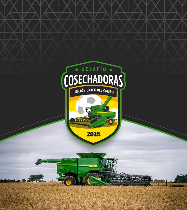 Fondo gris y negro con tramas blancas con el escudo del Desafío Cosechadoras Edición Crack del Campo y una foto de cosechadora en el campo.