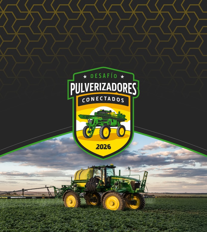 Fondo gris y negro con tramas amarillas con el escudo del Desafío Pulverizadores Conectados 2026 y una foto de pulverizadores en el campo.