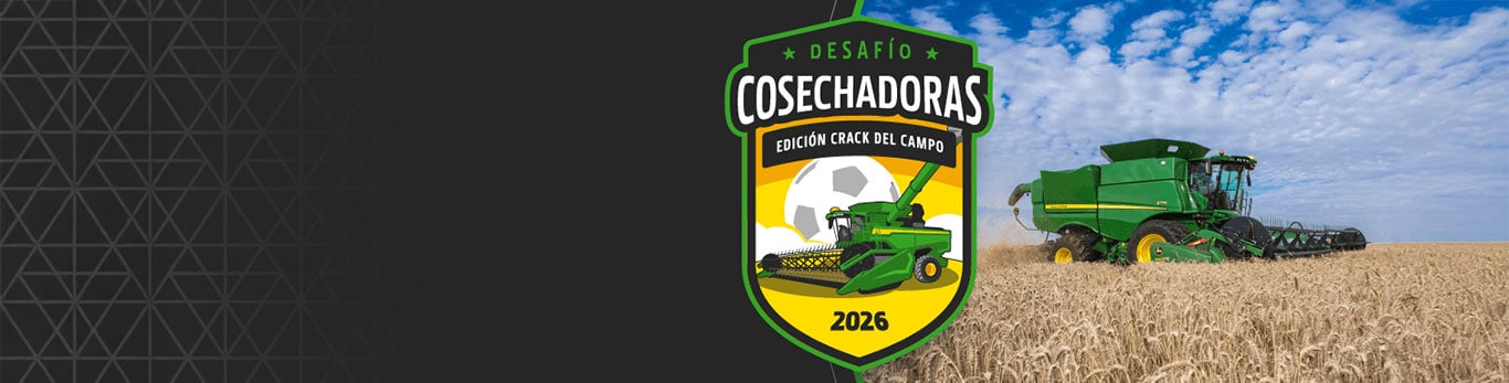 Fondo gris y negro con tramas blancas con el escudo del Desafío Cosechadoras Edición Crack del Campo y una foto de cosechadora en el campo.