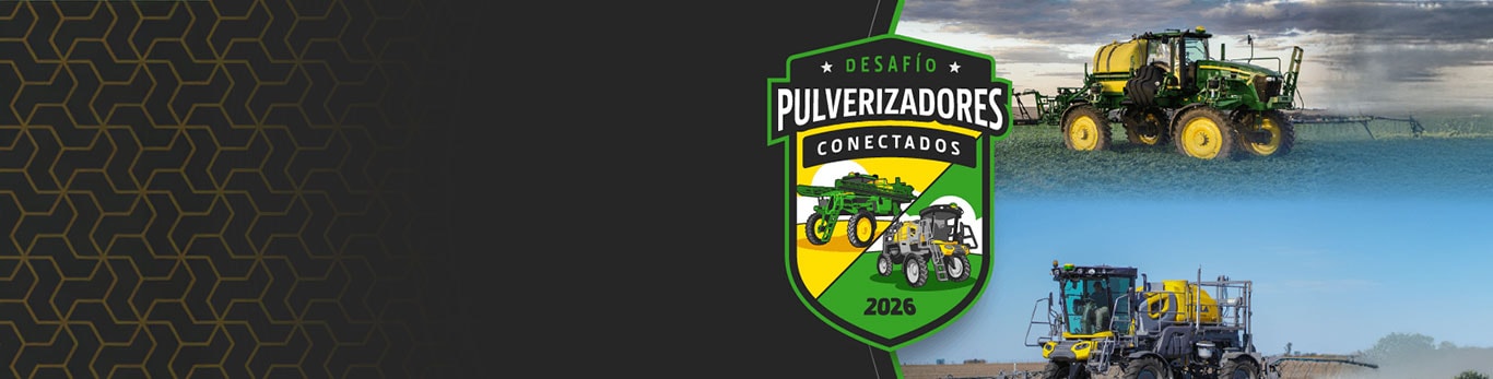 Fondo gris y negro con tramas amarillas con el escudo del Desafío Pulverizadores Conectados 2026 y una foto de pulverizadores en el campo.