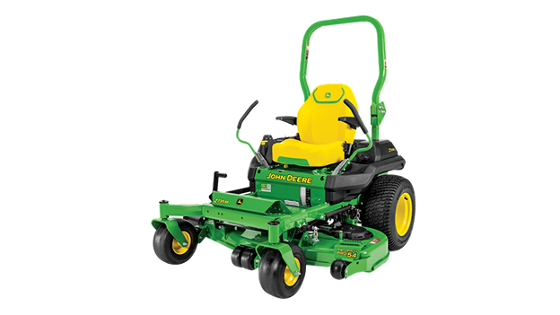 A front-left-facing studio shot of a green zero-turn mower on a white background.
