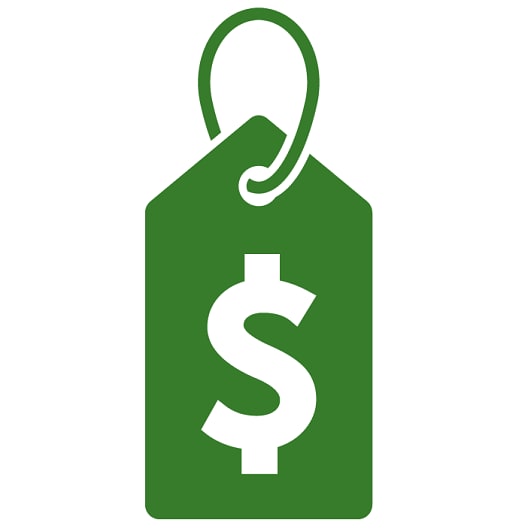 green icon of a sale tag with a white dollar sign in the middle