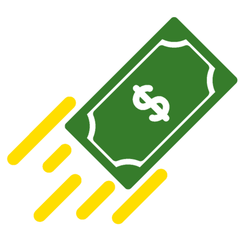 Green and yellow illustration of a dollar bill with speed marks behind it