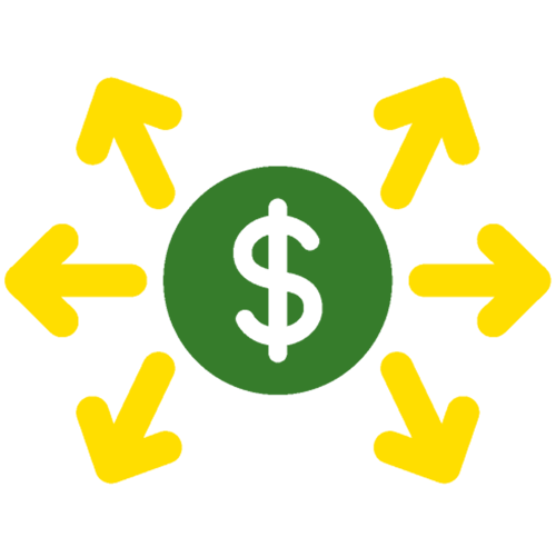 Green and yellow illustration of a dollar sign with arrows pointing outwards away from it