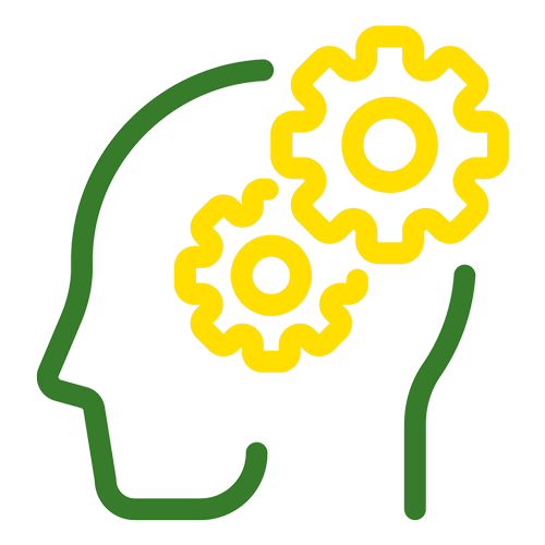 Green and yellow illustration of a head with gears rotating on it