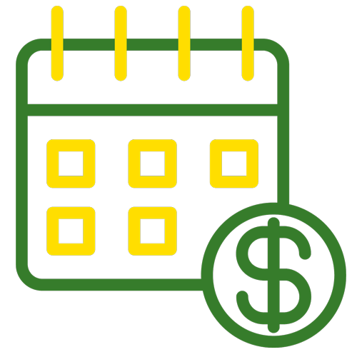 Green and yellow illustration of a calendar with a green dollar symbol in the bottom right corner