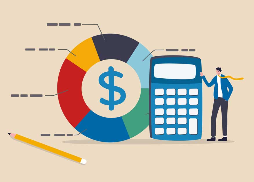Illustration of a colorful pie chart with a dollar sign in the middle, next to a calculator and person with a tie blowing in the wind