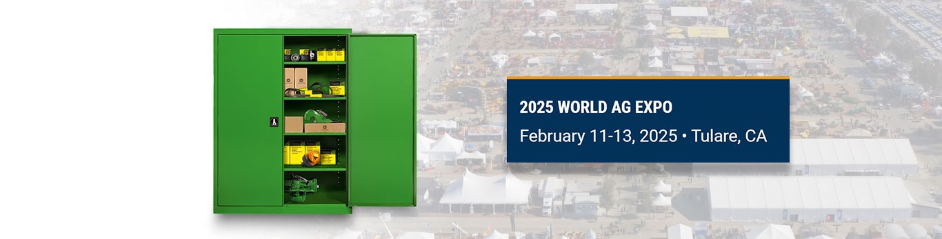 John Deere parts cabinet open with John Deere parts in it and the World Ag Expo 2025 in Tulare, California graphic on the side