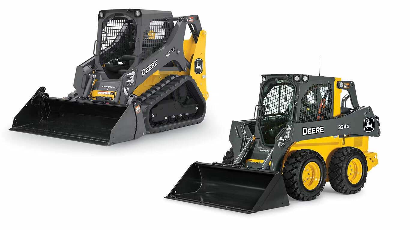 Two John&nbsp;Deere construction loaders, one with tracks (317P) and one with wheels (324G), both with black buckets.