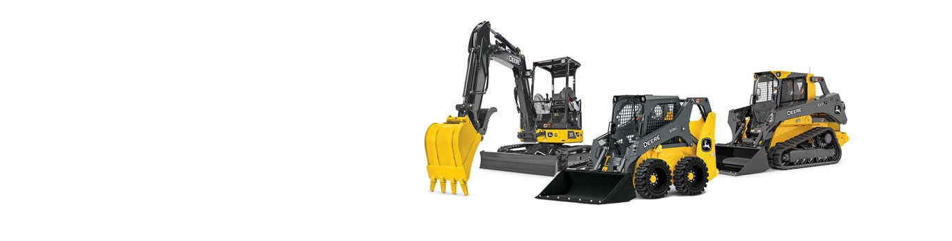 Three construction equipments lined up in the center on a white background