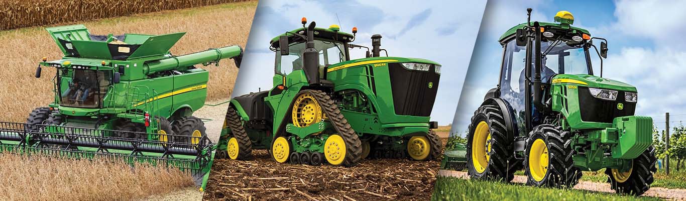 Collage of John Deere combine and two tractors in the working in different fields