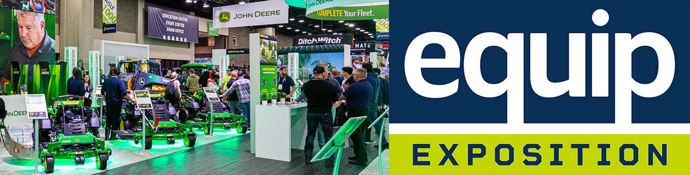   The expo's indoor booths from last year's event with the EQUIP Exposition logo next to the image.