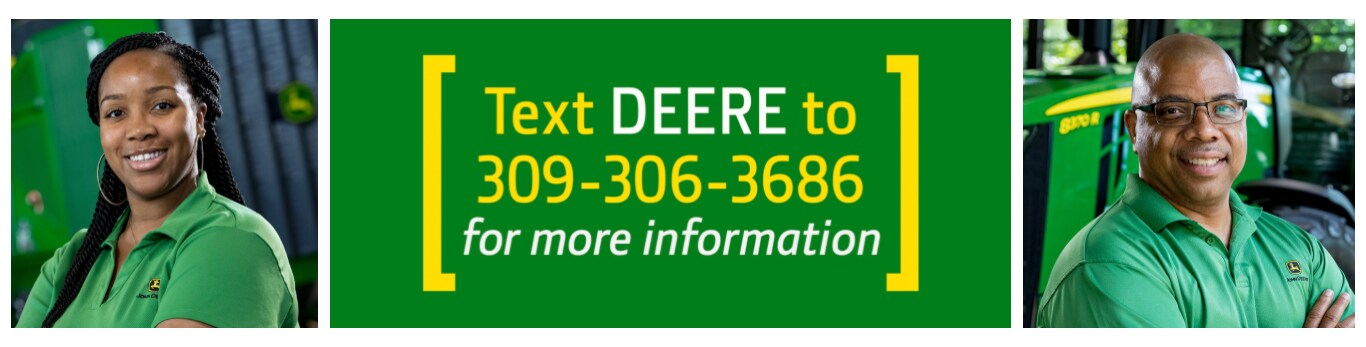 Collage of John Deere employees and text number for more information 